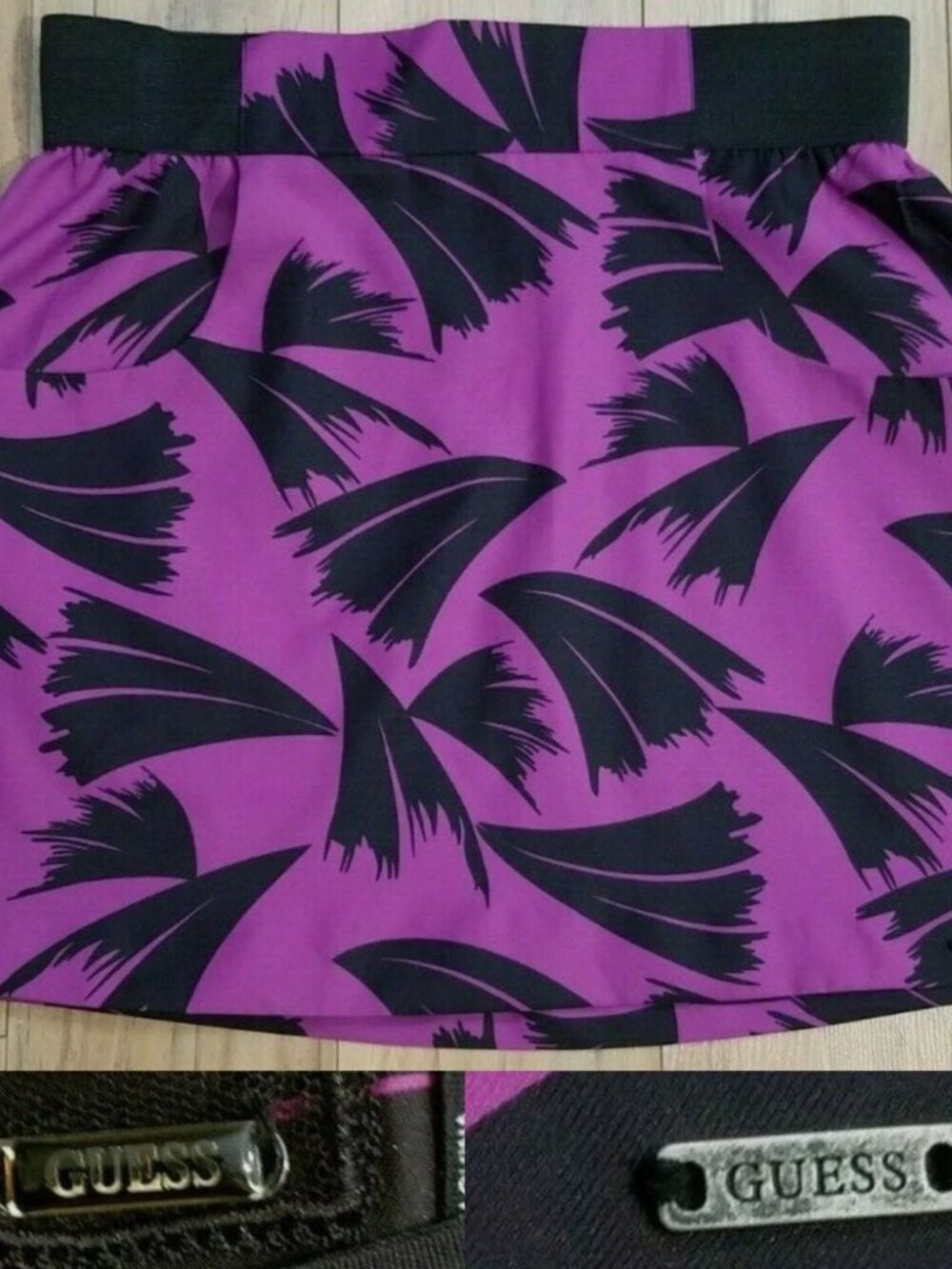 Guess Purple Tropical Skirt Size Small Black Palm Leaves Zipper Back